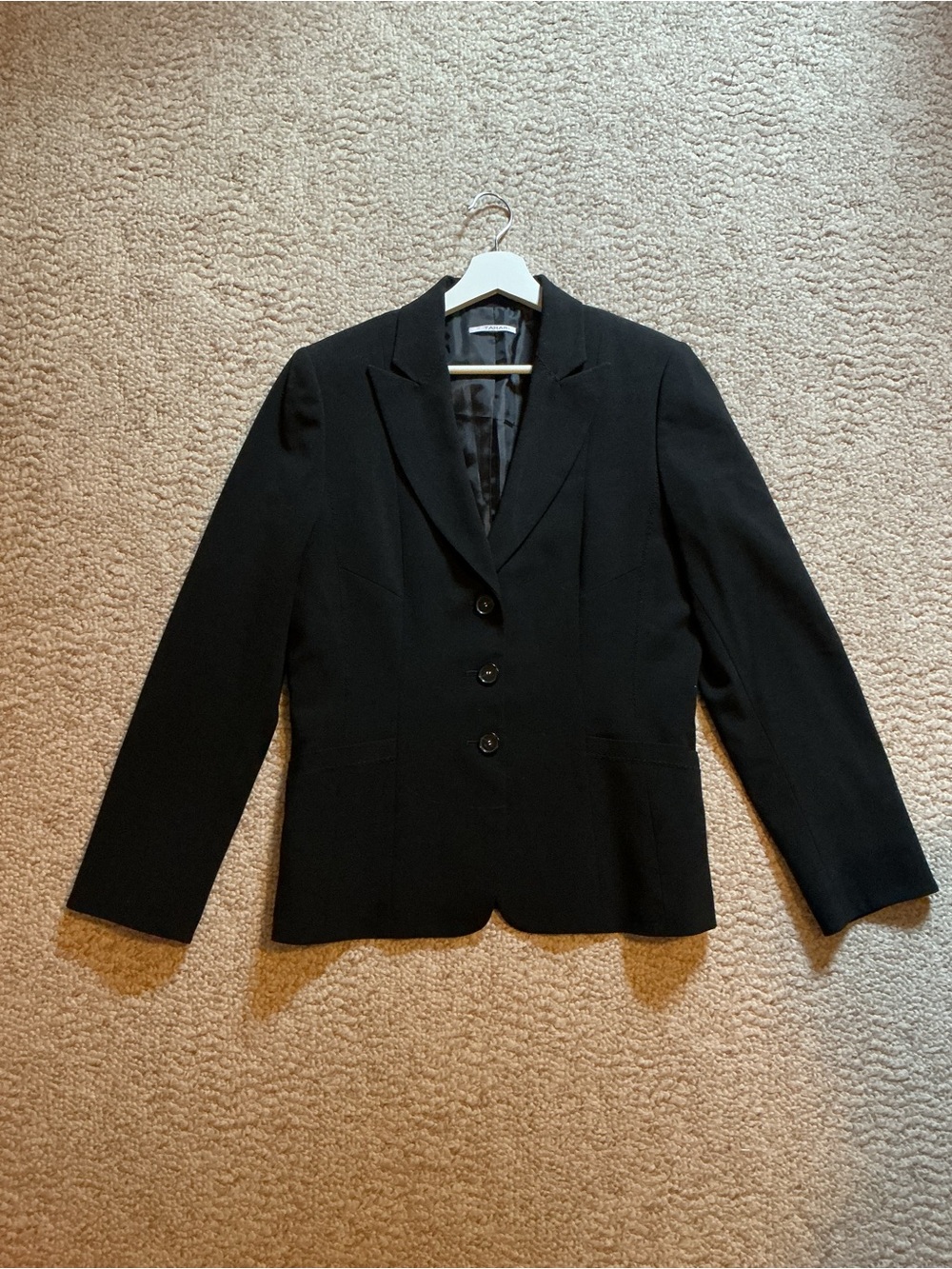 T Tahari Black Three-Button Fitted Blazer with Detailed Black Stitching Accents